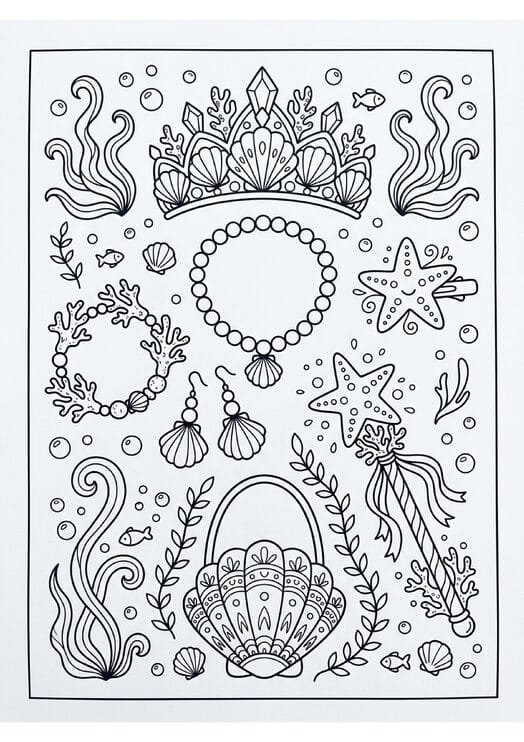 Mermaid accessories flat-lay collection with crown pearl necklace shell earrings starfish clip coral bracelet seashell purse and ocean wand coloring page — free printable PDF