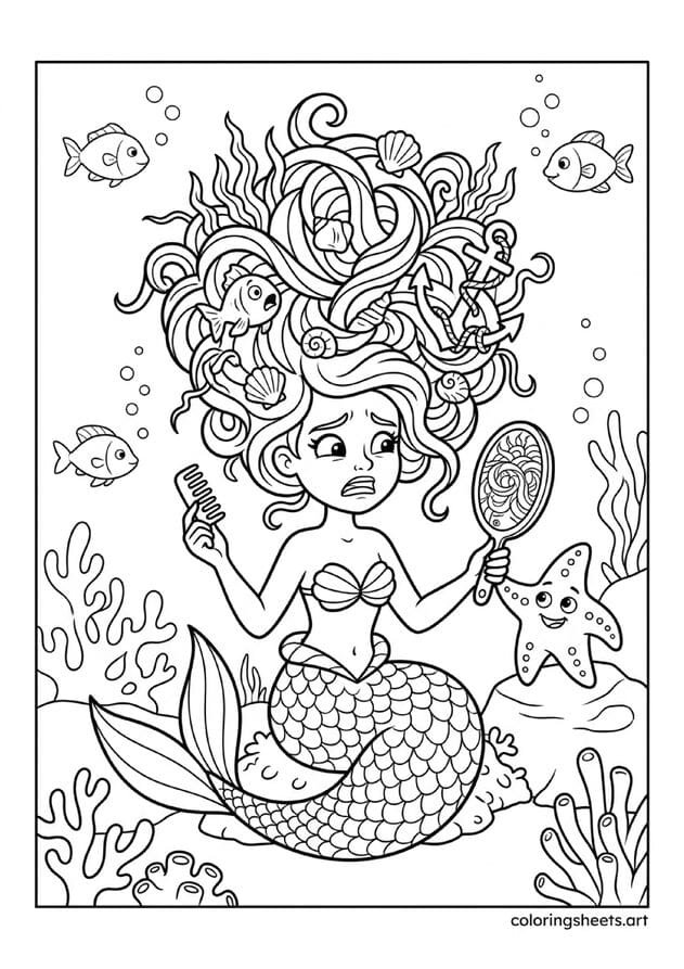 Funny mermaid with catastrophically tangled hair full of seaweed shells fish and anchor holding tiny comb looking defeated sympathetic starfish comforting her coloring page — free printable PDF