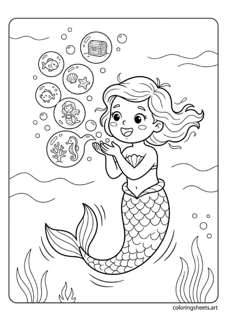 Playful mermaid blowing magical bubbles each containing tiny underwater scene fish shell and tiny mermaid with swishing tail coloring page — free printable PDF