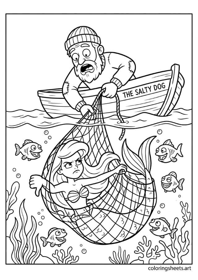 Funny mermaid tangled in fishing net giving thumbs down being pulled toward shocked fisherman boat while fish below laugh at situation coloring page — free printable PDF