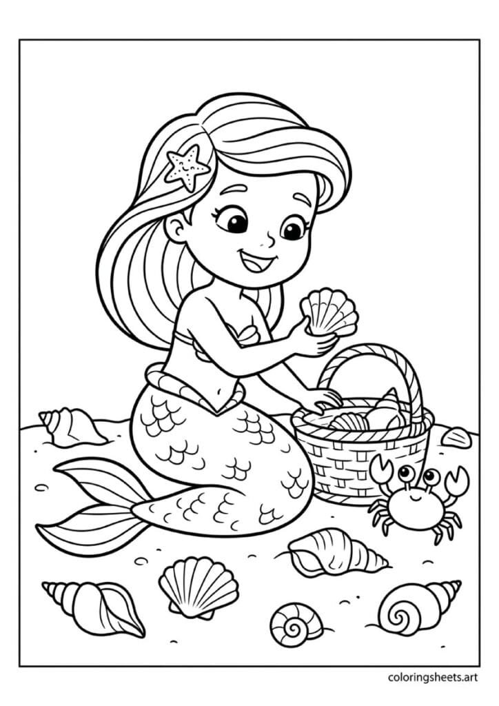 Cute mermaid collecting seashells into woven basket on sandy ocean floor with various shells and curious crab watching coloring page — free printable PDF