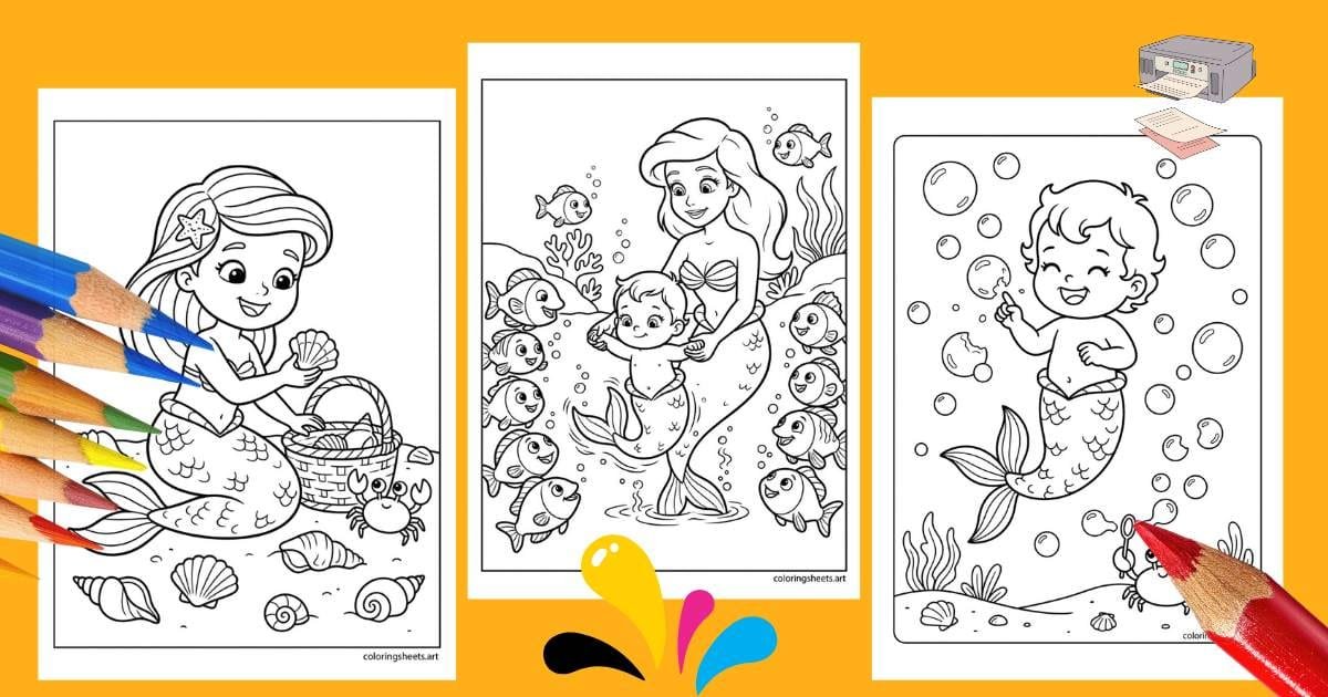 mermaid coloring pages — cute mermaids, kawaii mermaids, underwater scenes, mermaid tail, baby mermaid, mermaid princess and more. For all ages. Free printable PDF.