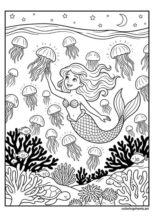 Magical mermaid floating through dark ocean surrounded by dozens of glowing jellyfish lanterns lighting her path sleeping sea creatures stars above coloring page — free printable PDF