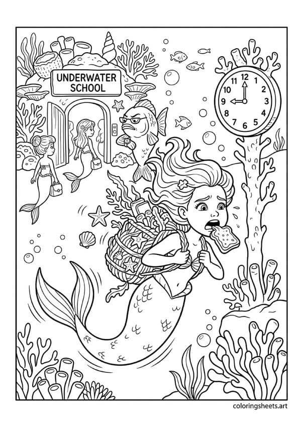 Funny young mermaid swimming frantically late for ocean school heavy shell backpack seaweed toast in mouth clock showing late teacher fish at door coloring page — free printable PDF