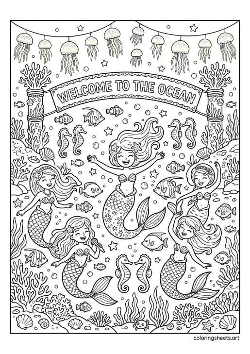 Joyful underwater ocean party with multiple mermaids dancing fish seahorses jellyfish lights Welcome to Ocean banner and mermaid conducting celebration coloring page — free printable PDF