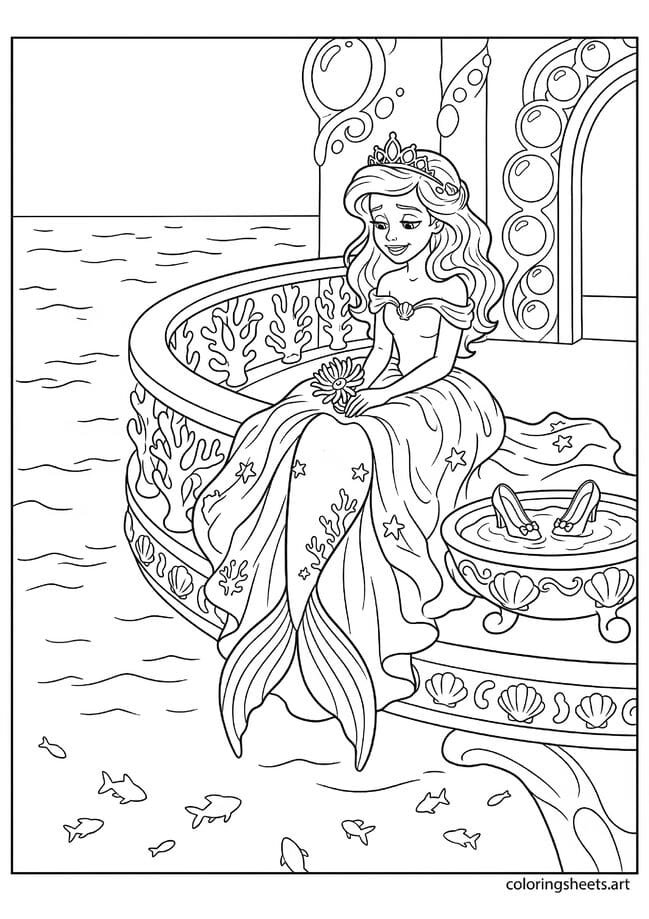 Mermaid princess sitting on palace balcony after ball tiara askew rumpled gown happy tired smile holding flower night ocean below coloring page — free printable PDF