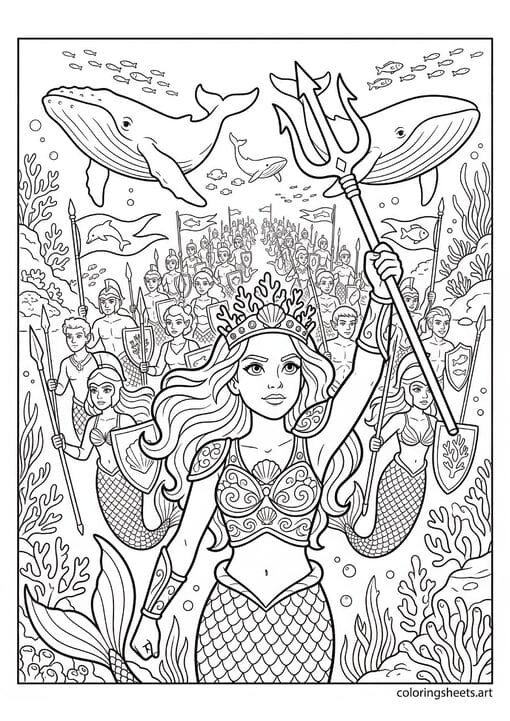 Mermaid warrior princess leading ocean army with trident raised rows of mermaid soldiers whale allies and ocean banners flying behind coloring page — free printable PDF