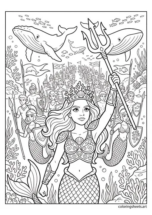 Mermaid warrior princess leading ocean army with trident raised rows of mermaid soldiers whale allies and ocean banners flying behind coloring page — free printable PDF