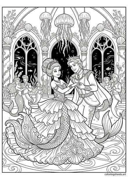 Mermaid princess in ruffled ball gown tail dancing with bowing merman prince jellyfish chandeliers and couples dancing at grand undersea ball coloring page — free printable PDF