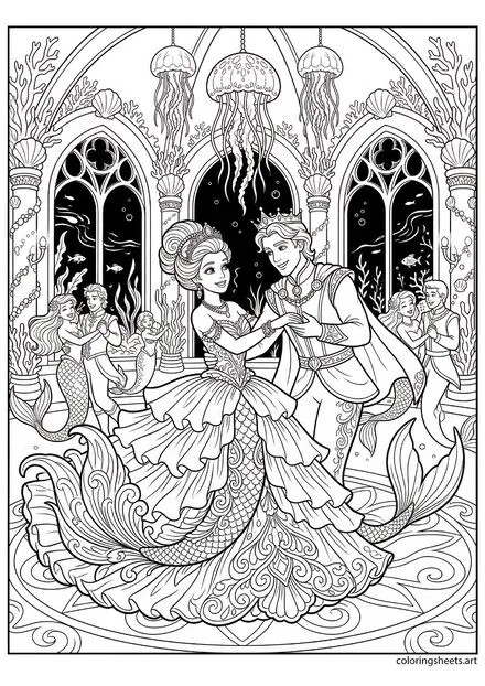 Mermaid princess in ruffled ball gown tail dancing with bowing merman prince jellyfish chandeliers and couples dancing at grand undersea ball coloring page — free printable PDF