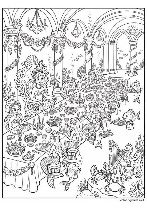 Mermaid princess at grand palace banquet table with mermaid guests fish waiters crab seahorse band and sea flower garlands coloring page — free printable PDF