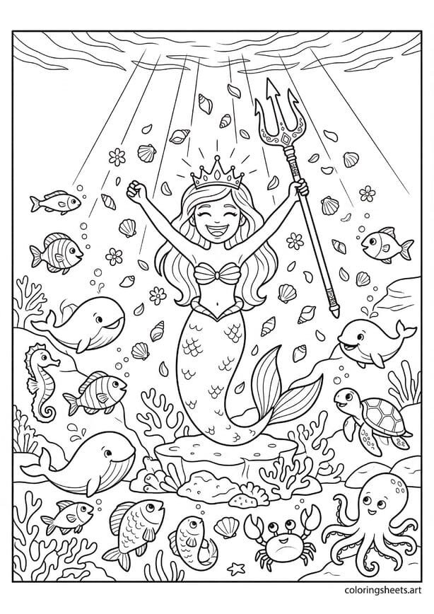 Triumphant mermaid warrior princess arms raised trident held high with all ocean creatures cheering shell petal confetti and sunlight spotlights coloring page — free printable PDF