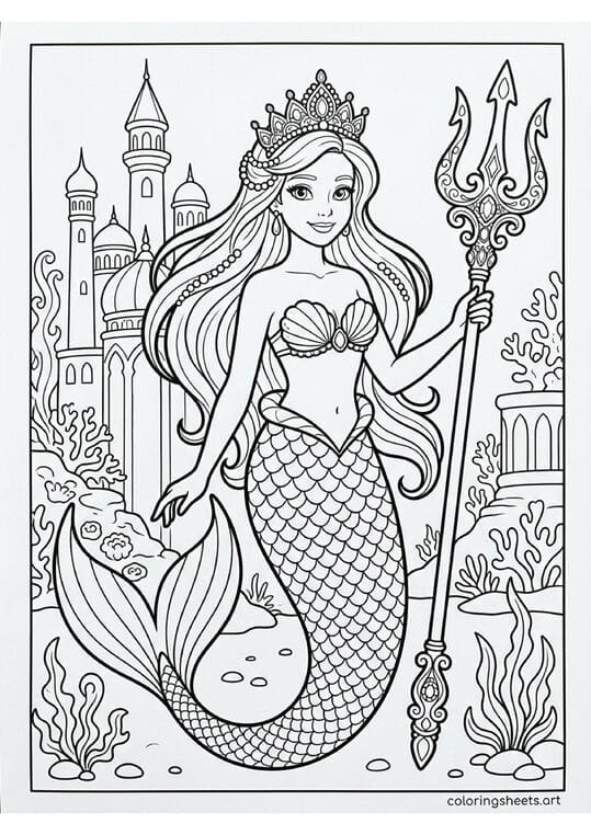 Beautiful mermaid princess with jeweled crown trident intricate scale tail pattern and underwater palace behind her coloring page — free printable PDF