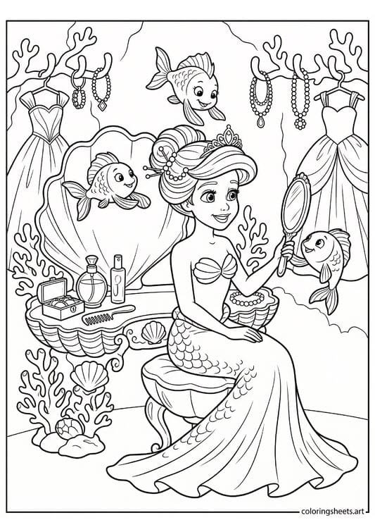Mermaid princess twirling with ruffled ball gown tail fanned wide arms spread sparkles flower petals and ballroom floor below coloring page — free printable PDF