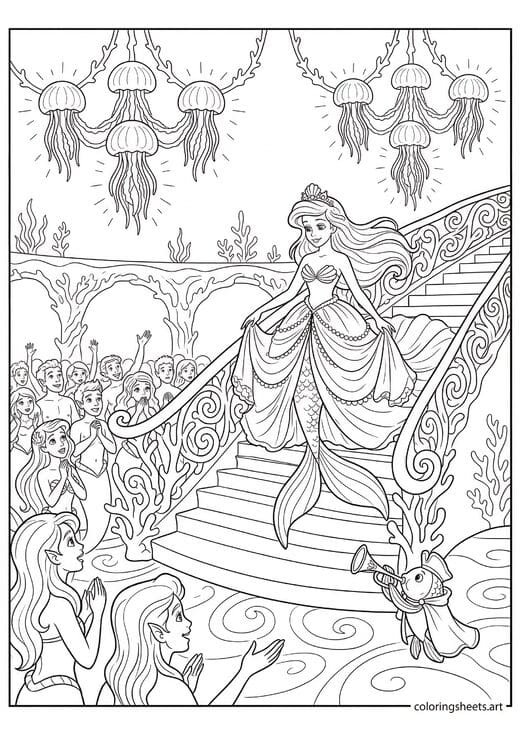 Mermaid princess descending white coral staircase into ballroom in ball gown with admiring crowd herald fish and jellyfish chandeliers above coloring page — free printable PDF