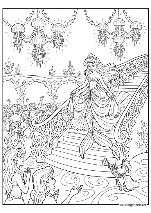 Mermaid princess descending white coral staircase into ballroom in ball gown with admiring crowd herald fish and jellyfish chandeliers above coloring page — free printable PDF