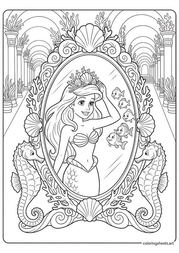 Beautiful mermaid princess looking into ornate shell mirror held by seahorses adjusting crown with fish watching and palace hallway behind coloring page — free printable PDF