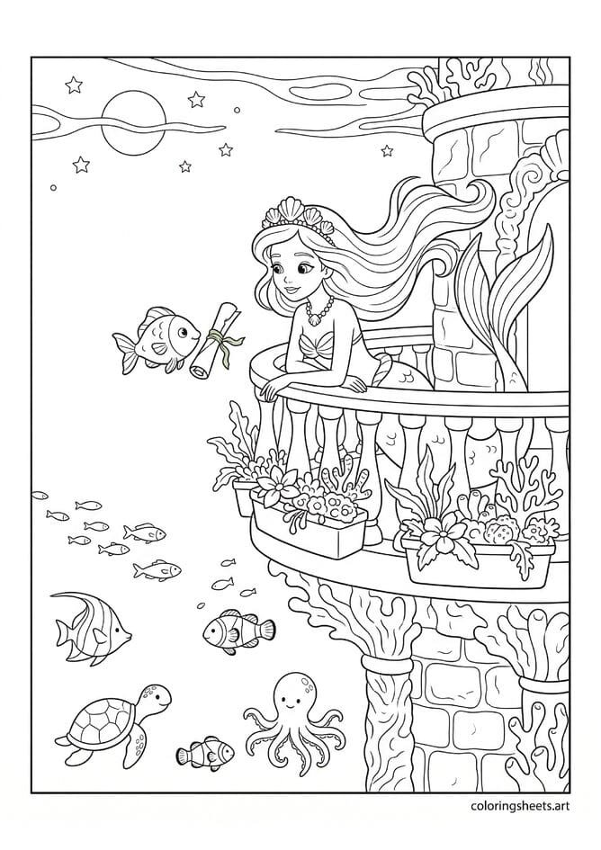 Mermaid princess on palace tower balcony with ocean view messenger fish delivering letter flower boxes moon and stars above coloring page — free printable PDF