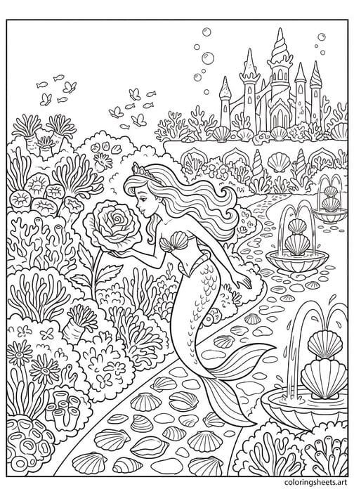Mermaid princess strolling through underwater palace garden with shell fountains sea rose bushes fish butterflies and palace towers behind coloring page