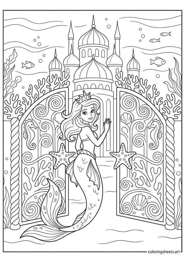 Mermaid princess waving at grand coral gate of underwater palace with starfish handles castle spires and domed rooftops behind coloring page — free printable PDF
