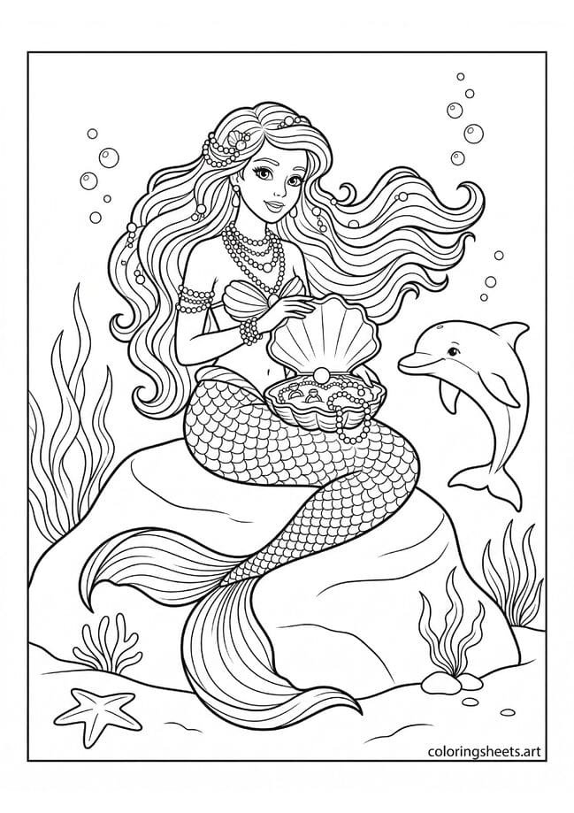 Graceful mermaid princess with pearl necklace bracelets earrings hair pins clamshell jewelry box and dolphin nearby coloring page — free printable PDF
