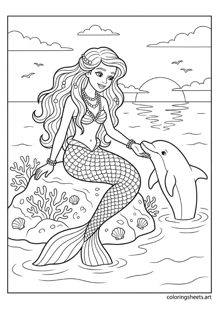 Lovely mermaid princess with pearl necklace bracelets detailed scale tail and friendly dolphin nuzzling her hand on ocean rock coloring page — free printable PDF