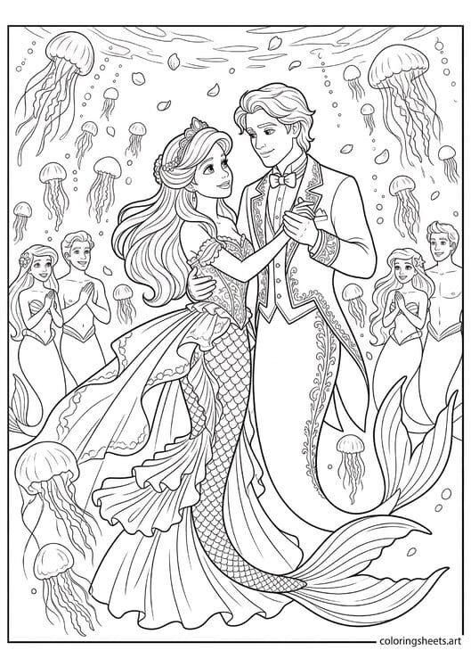 Mermaid princess and merman prince sharing romantic first dance with jellyfish fairy lights flower petals and smiling guests watching coloring page — free printable PDF