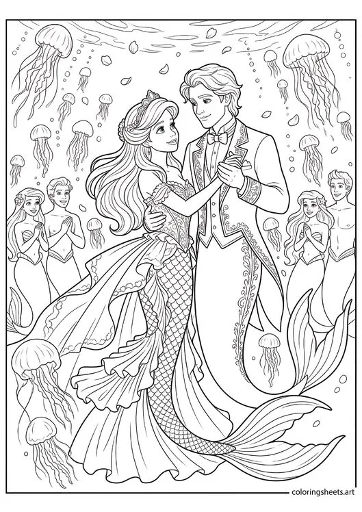 Mermaid princess and merman prince sharing romantic first dance with jellyfish fairy lights flower petals and smiling guests watching coloring page — free printable PDF