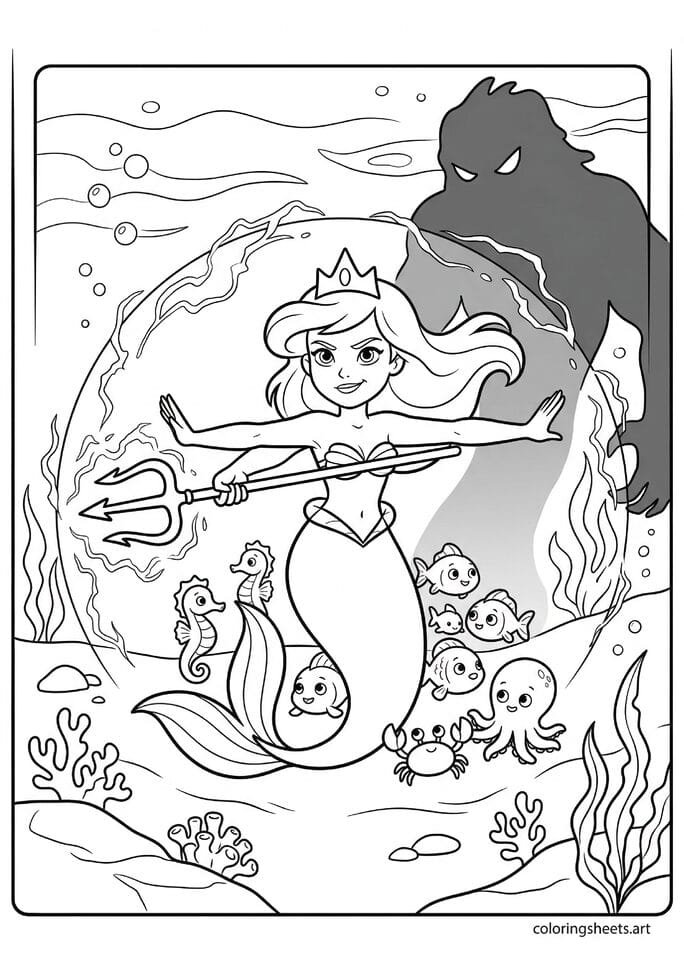 Brave mermaid princess with glowing trident shield protecting small fish crabs seahorses from dark shadow looming behind coloring page — free printable PDF