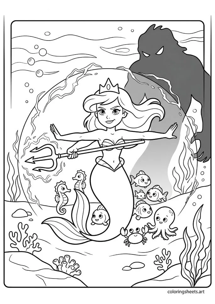 Brave mermaid princess with glowing trident shield protecting small fish crabs seahorses from dark shadow looming behind coloring page — free printable PDF