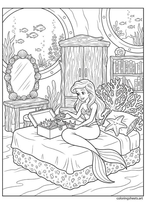 Mermaid princess in royal palace bedroom with sea sponge bed coral headboard shell vanity driftwood wardrobe ocean view windows coloring page