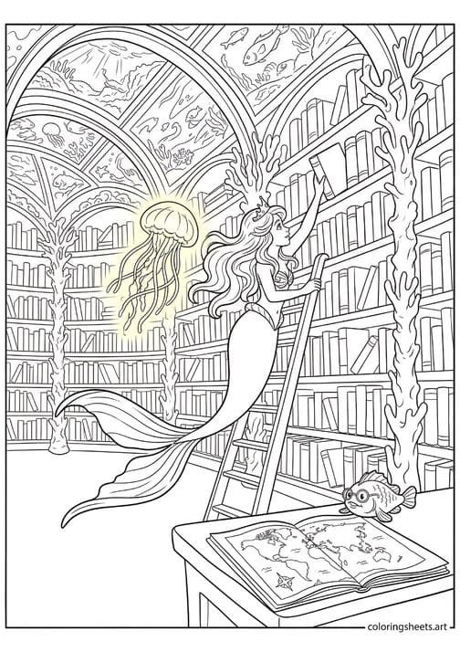 Mermaid princess in grand coral library rolling ladder with jellyfish lamp ocean map desk owl fish librarian arched decorated ceiling coloring page — free printable PDF
