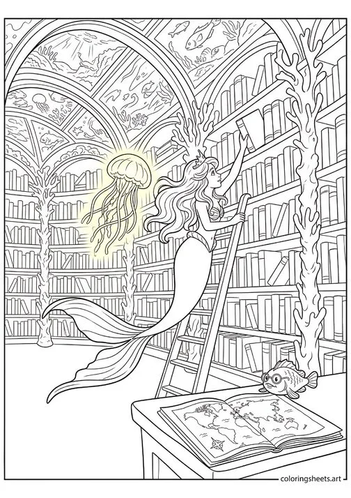 Mermaid princess in grand coral library rolling ladder with jellyfish lamp ocean map desk owl fish librarian arched decorated ceiling coloring page — free printable PDF
