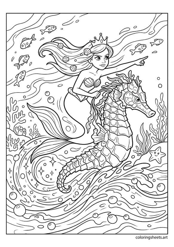 Daring mermaid princess charging on giant armored seahorse at full speed crown streaming back fish jumping aside trail of sparkles coloring page — free printable PDF