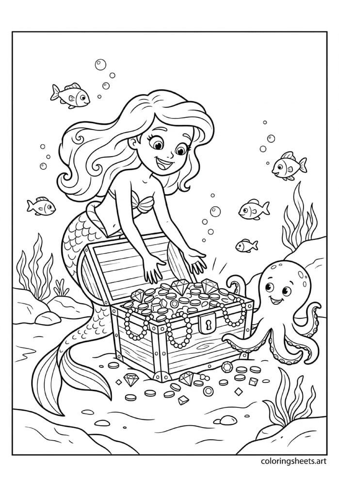 Excited mermaid princess discovering open treasure chest with gems pearls gold coins octopus guardian and curious fish on ocean floor coloring page — free printable PDF