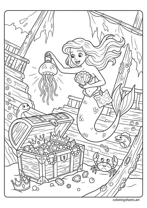Adventurous mermaid princess finding treasure chest bursting with crowns jewels pearls in sunken shipwreck with jellyfish lantern and shell compass coloring page — free printable PDF