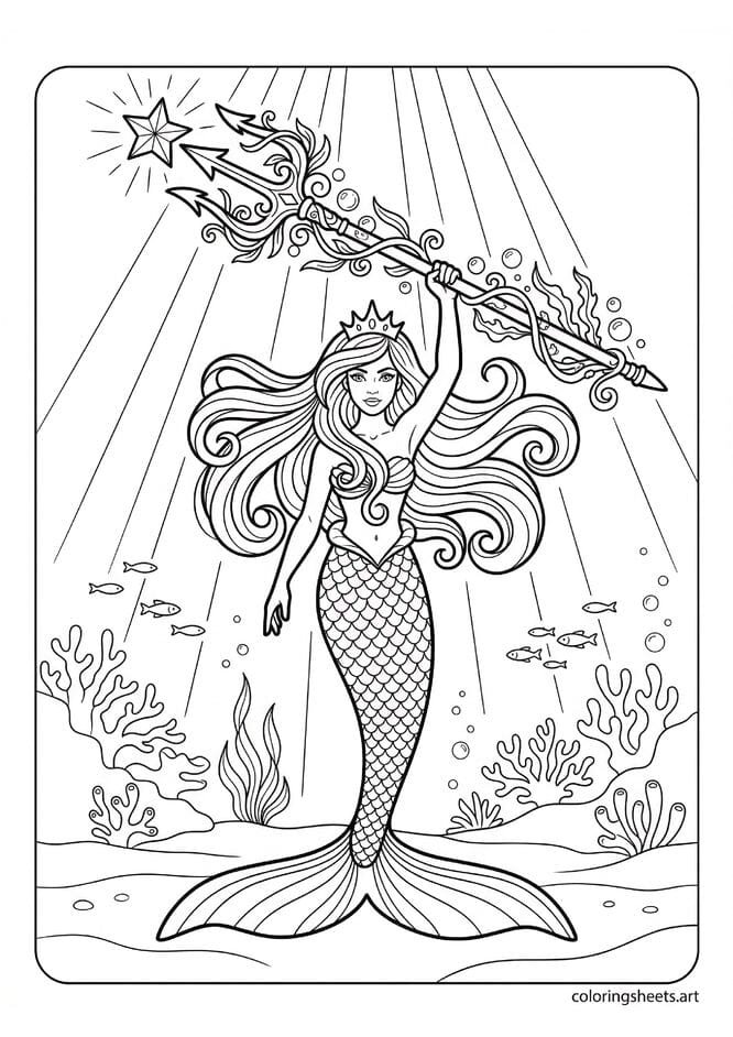 Powerful mermaid princess holding glowing star trident with dramatic flowing hair wide tail fin and light shafts underwater coloring page — free printable PDF