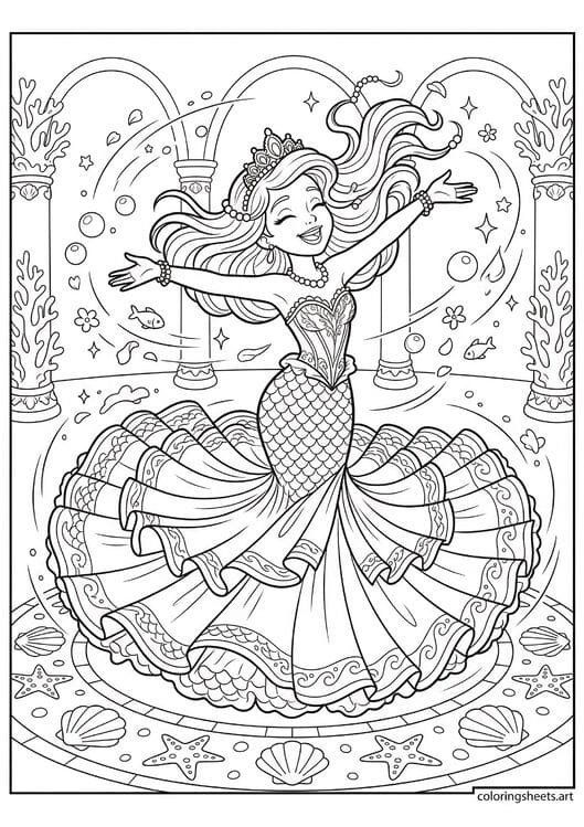Mermaid princess twirling with ruffled ball gown tail fanned wide arms spread sparkles flower petals and ballroom floor below coloring page — free printable PDF