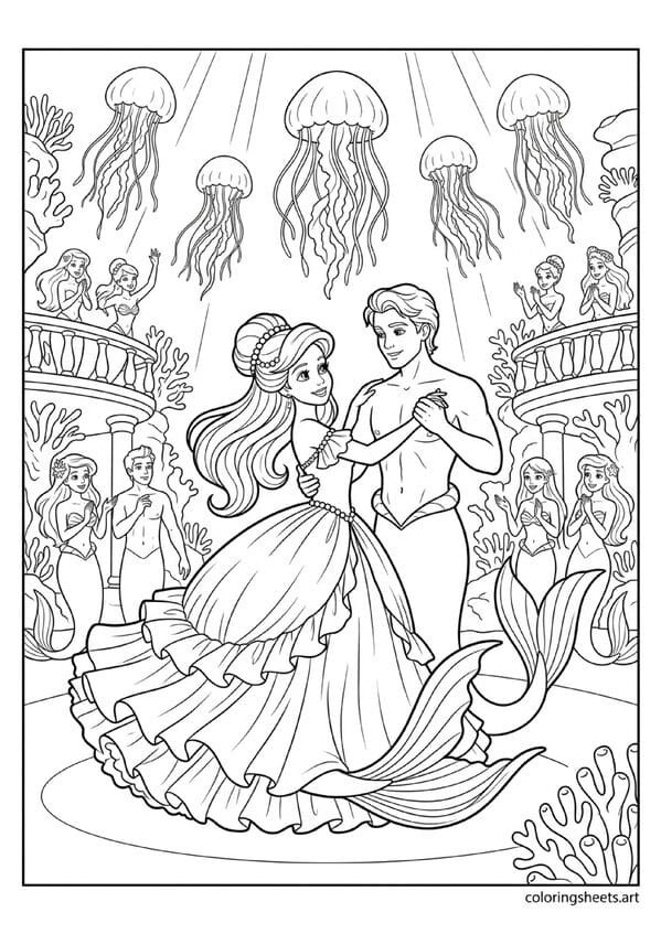 Lovely mermaid princess with pearl necklace bracelets detailed scale tail and friendly dolphin nuzzling her hand on ocean rock coloring page — free printable PDF