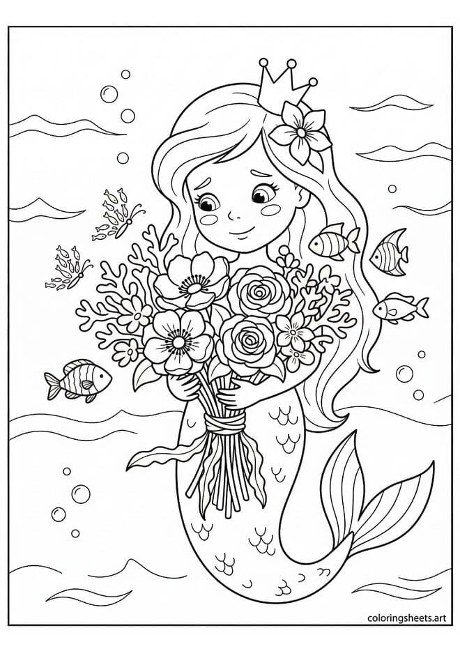 Sweet mermaid princess holding ocean flower bouquet with anemones sea roses crown flower and fish butterflies fluttering around coloring page — free printable PDF