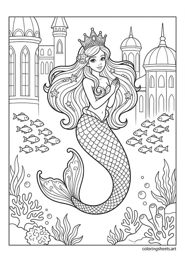 Beautiful mermaid princess with jeweled crown pearl hair pins detailed scale tail and underwater palace behind her coloring page for kids — free printable PDF