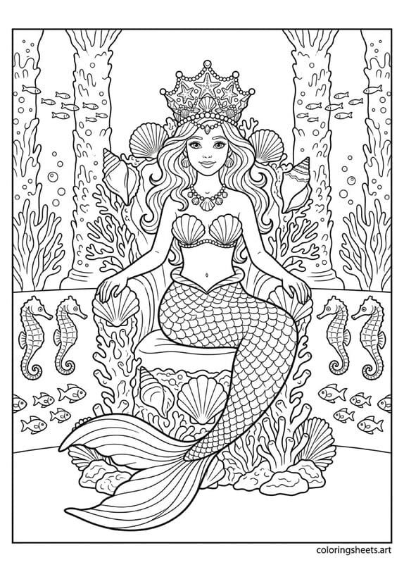 Regal mermaid queen on ornate coral seashell throne with magnificent crown fish seahorse guards and coral pillar throne room coloring page — free printable PDF