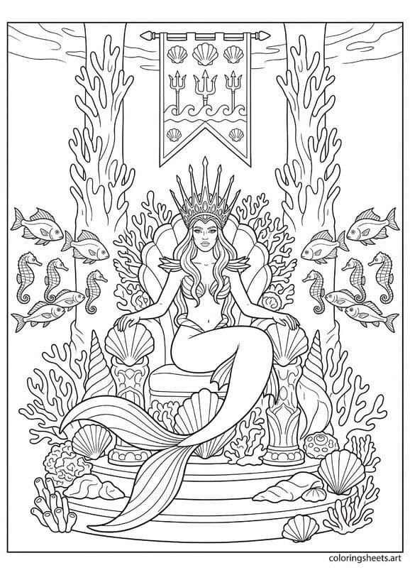 Grand mermaid queen on ornate coral throne with tall crown fish seahorse guards coral pillars and royal banner coloring page — free printable PDF