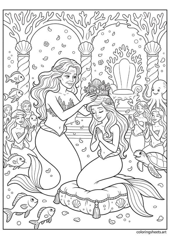 Mermaid coronation scene elder lowering crown on kneeling princess with celebrating crowd flower petal confetti and palace throne room coloring page — free printable PDF