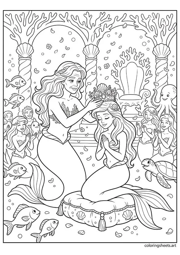 Mermaid coronation scene elder lowering crown on kneeling princess with celebrating crowd flower petal confetti and palace throne room coloring page — free printable PDF