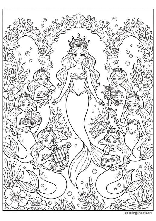 Magnificent mermaid queen with six ladies-in-waiting in tiaras holding shell fans pearl scepters sea flowers in palace coral garden coloring page — free printable PDF