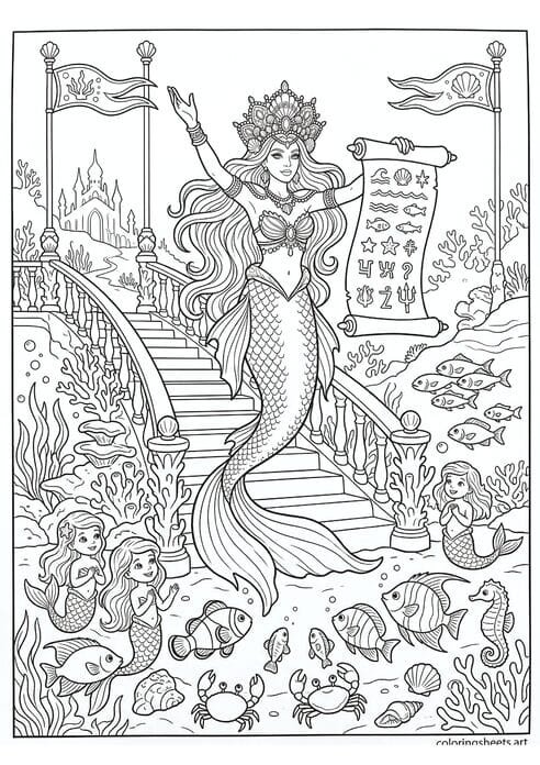 Regal mermaid queen holding royal scroll with crowd of fish crabs seahorses listening on coral staircase with royal flags above coloring page — free printable PDF