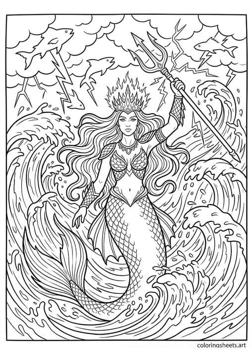 Powerful mermaid queen rising from stormy ocean with blazing crown raised trident dramatic waves and fish-shaped lightning coloring page — free printable PDF
