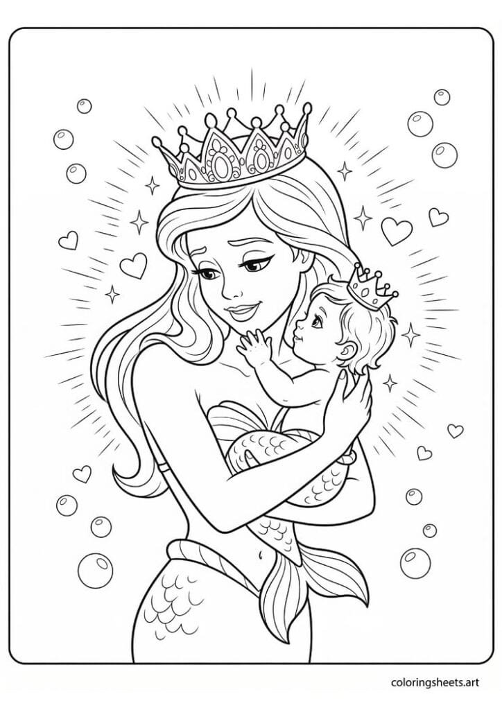 Mermaid queen cradling tiny baby princess in mini crown with adoring gaze soft glow hearts and bubbles coloring page — free printable PDF