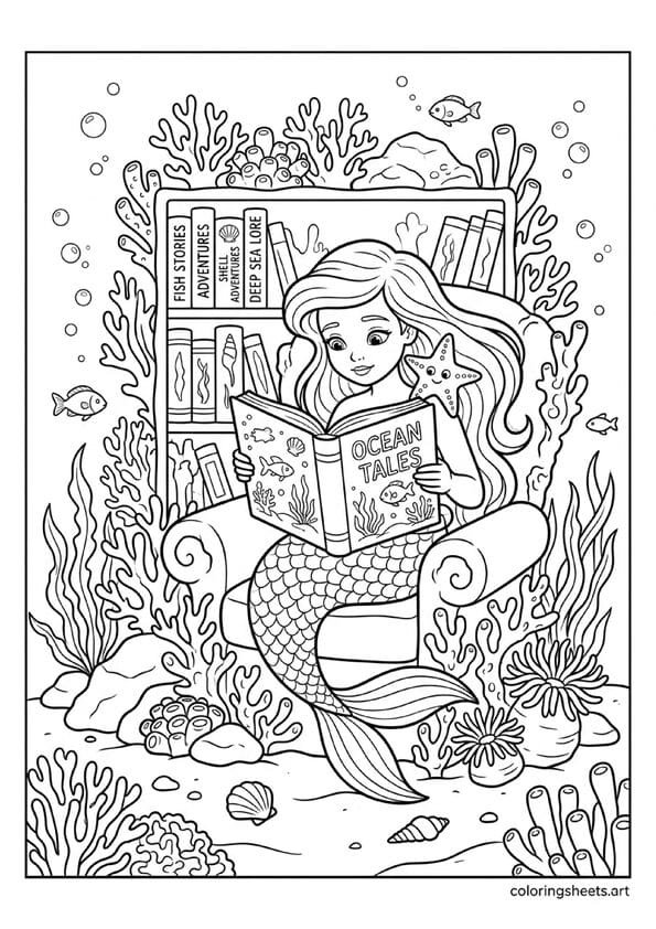 Cute mermaid reading book on coral armchair underwater with starfish on shoulder coral bookshelf and rising bubbles coloring page — free printable PDF